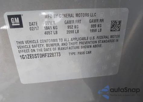 2017 Chevrolet Malibu 1Lt z USA, uszkodzony, nr VIN 1G1ZE5ST0HF228773